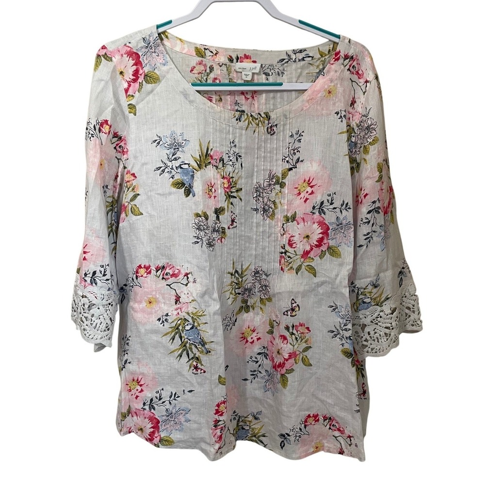 J.Jill 100% Linen Floral Bird Print Tunic Top Crochet Cuff XL